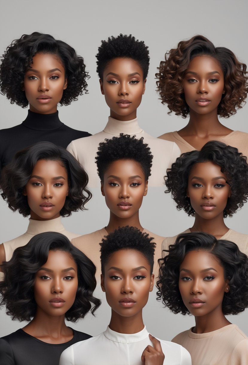 Seven women with short natural haircuts styled in finger waves posing together in a studio.