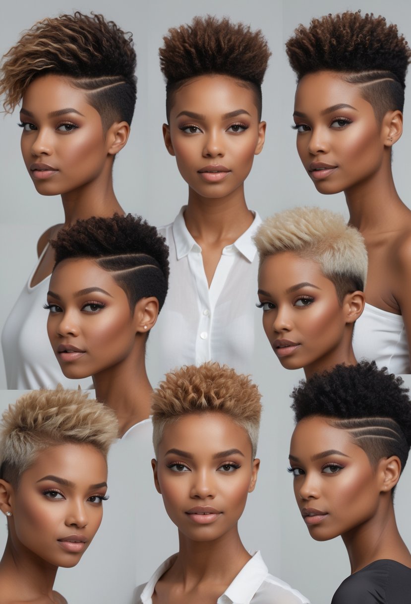 Seven women with short natural haircuts styled in various mohawk pixie cuts posing against a plain background.