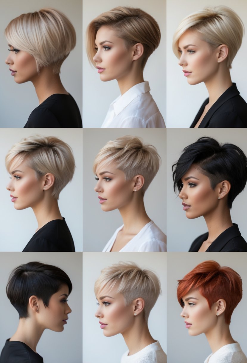 Nine women with different short hairstyles posed against a plain background in a studio setting.