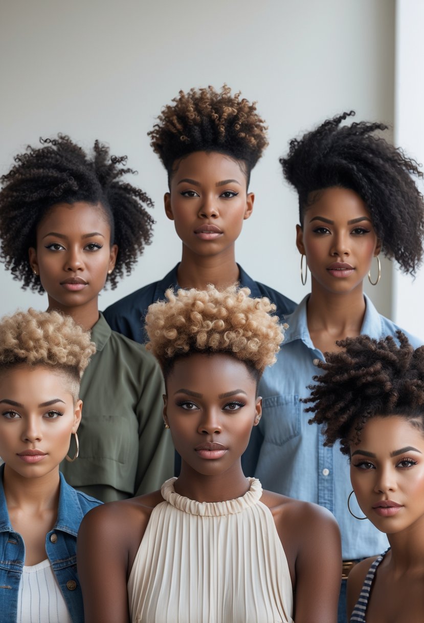 Seven people with short natural curly Frohawk haircuts posing together against a plain background.