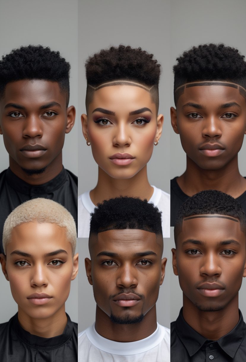 Seven people with short natural haircuts featuring buzz cuts and defined edges, standing together against a plain background.