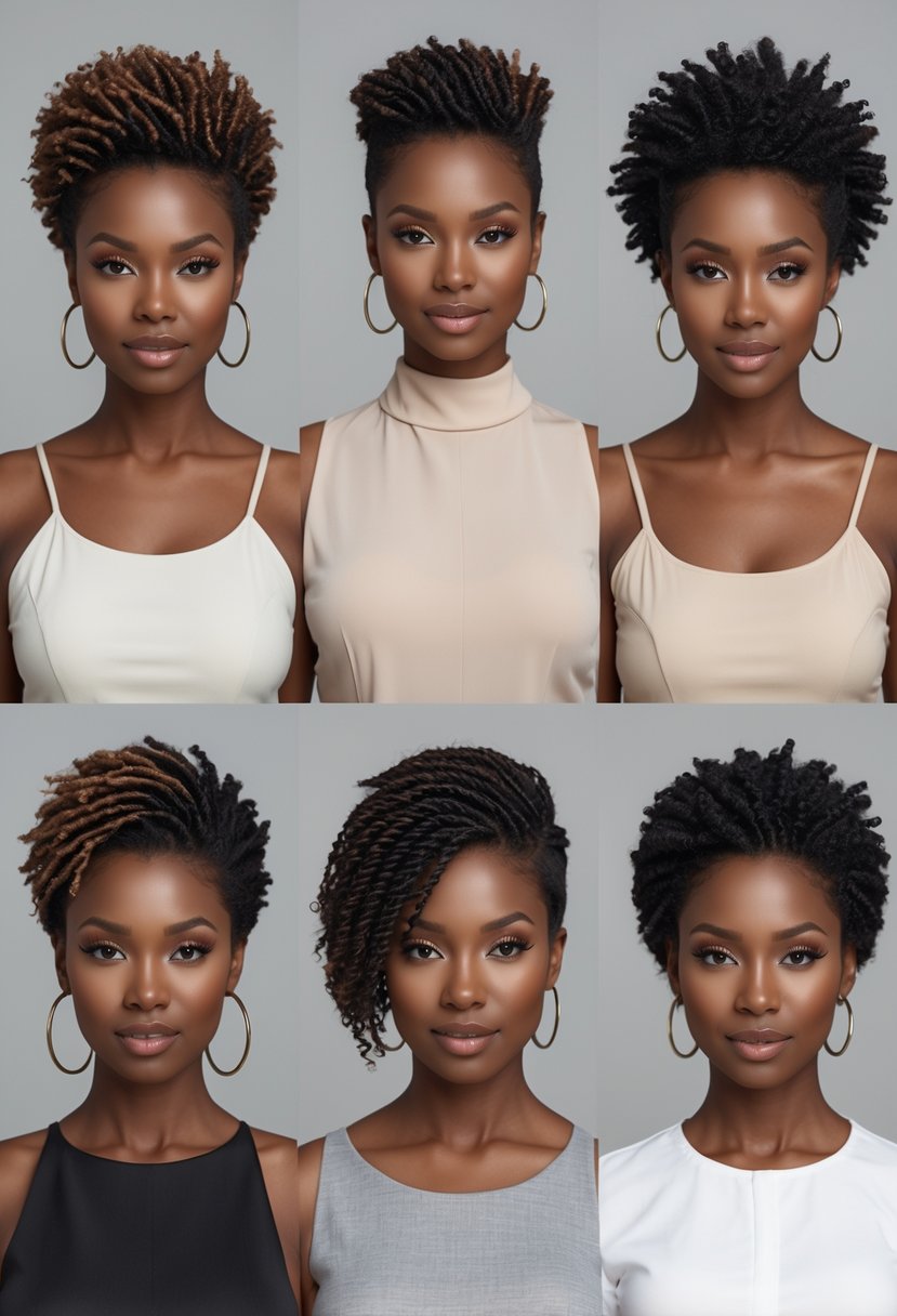 Seven women with different short twist out natural hairstyles posing together against a plain background.