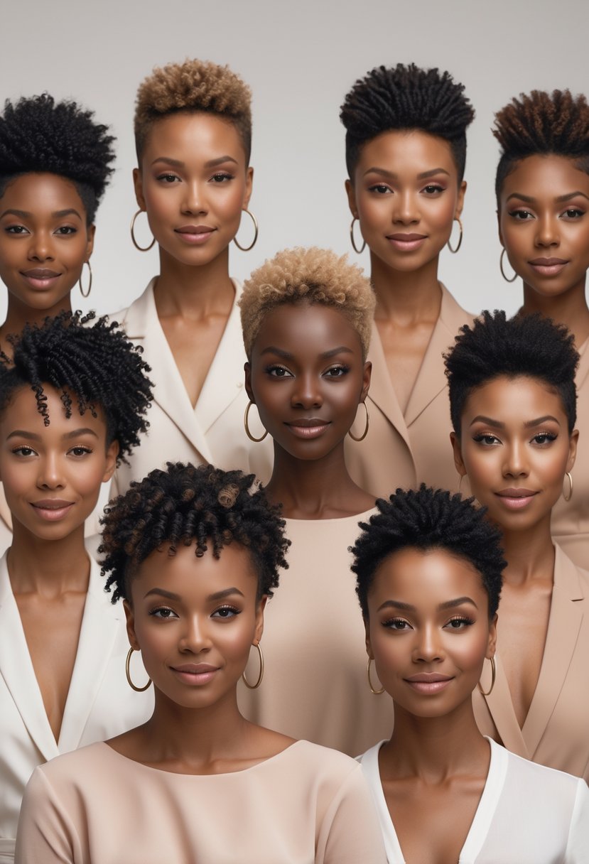 Seven women with different short natural hairstyles standing together and smiling in a studio setting.