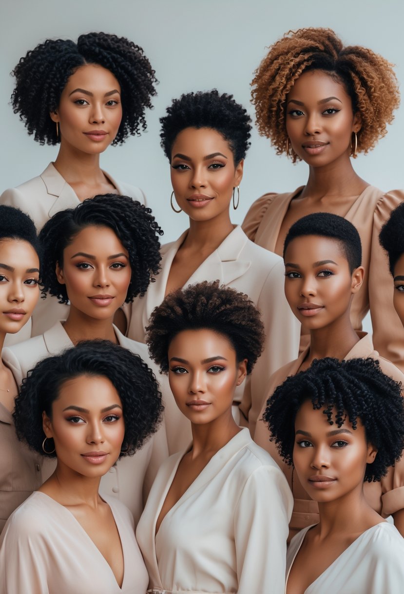 Seven women with different short natural hairstyles posing together in a bright studio setting.