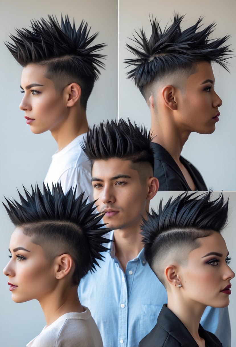 Five people with short spiky haircuts posing together against a plain background.
