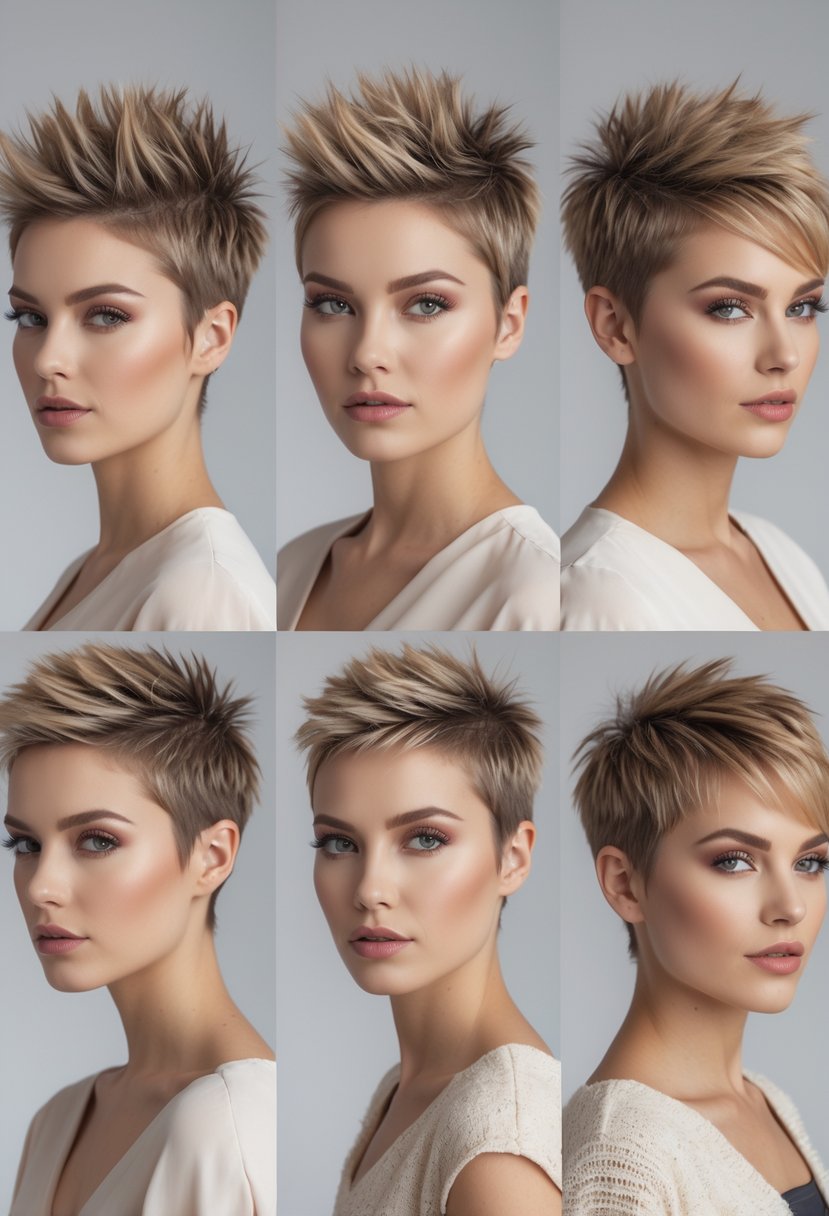 Five women with short spiky haircuts posing together in a studio with a plain background.
