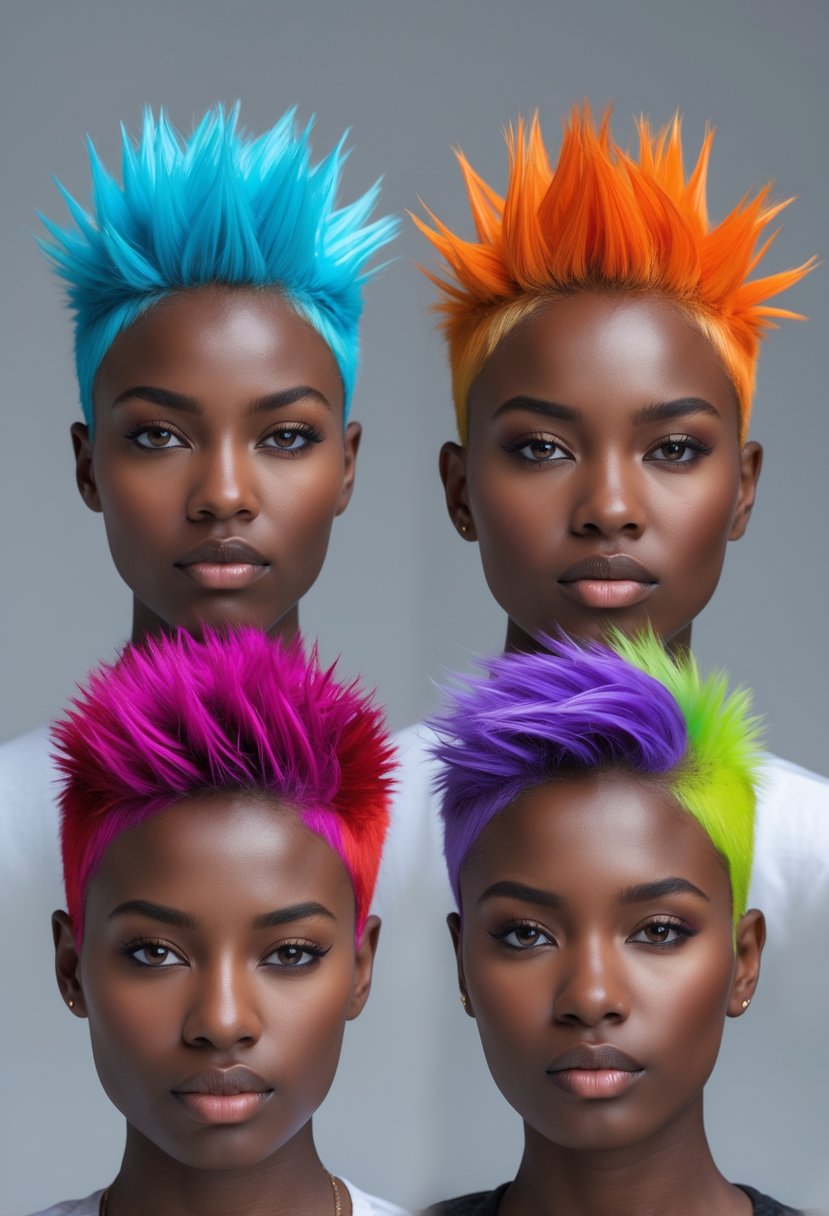 Five people with short spiky hair in different bright colors posing against a plain background.