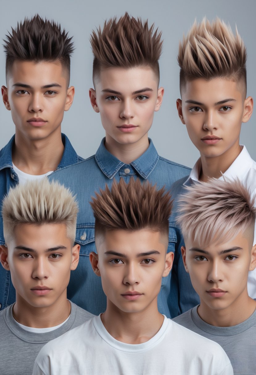 Five people with short spiky haircuts posing together in a studio with a plain background.