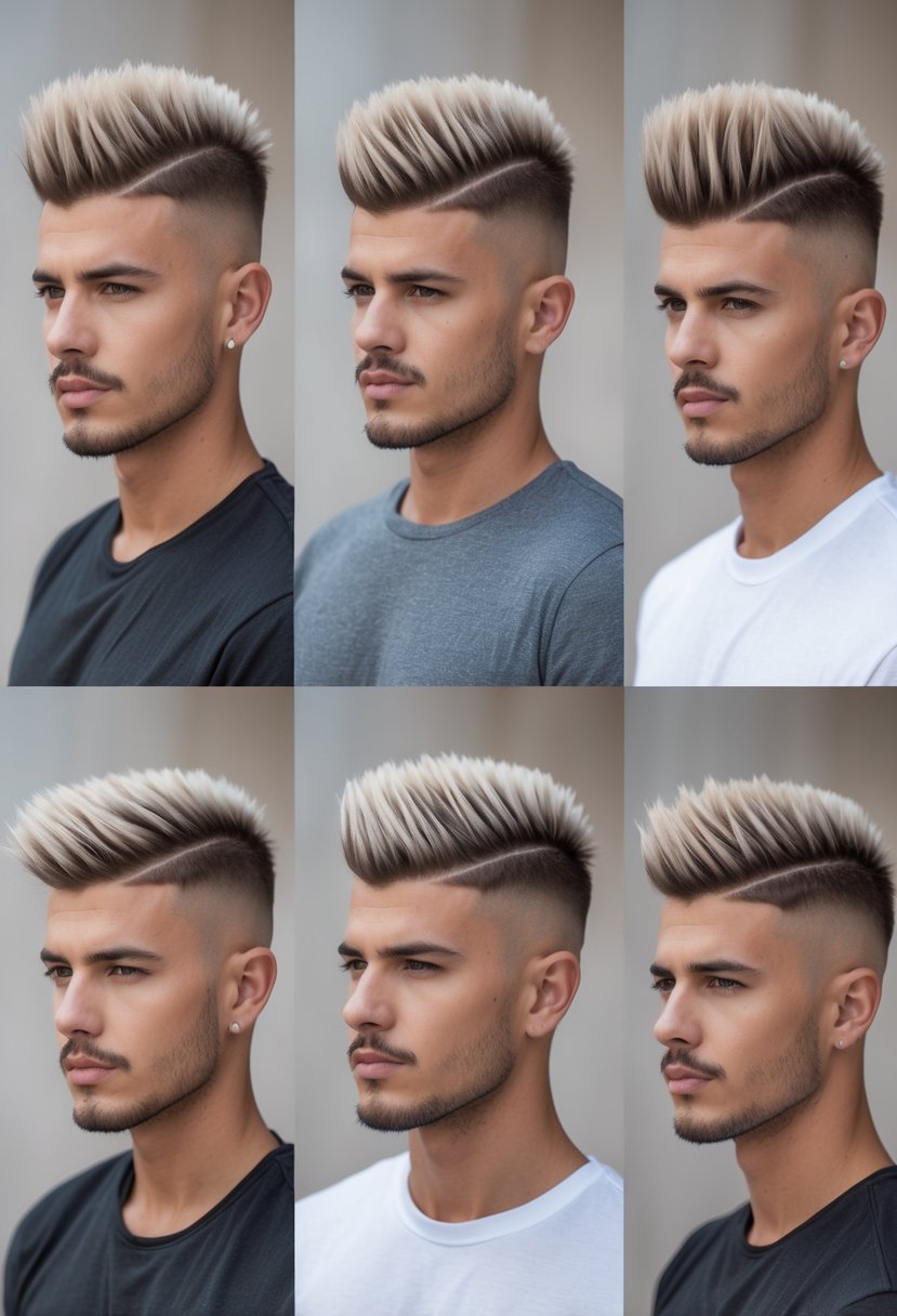 Five men with short spiky haircuts standing together against a plain background.