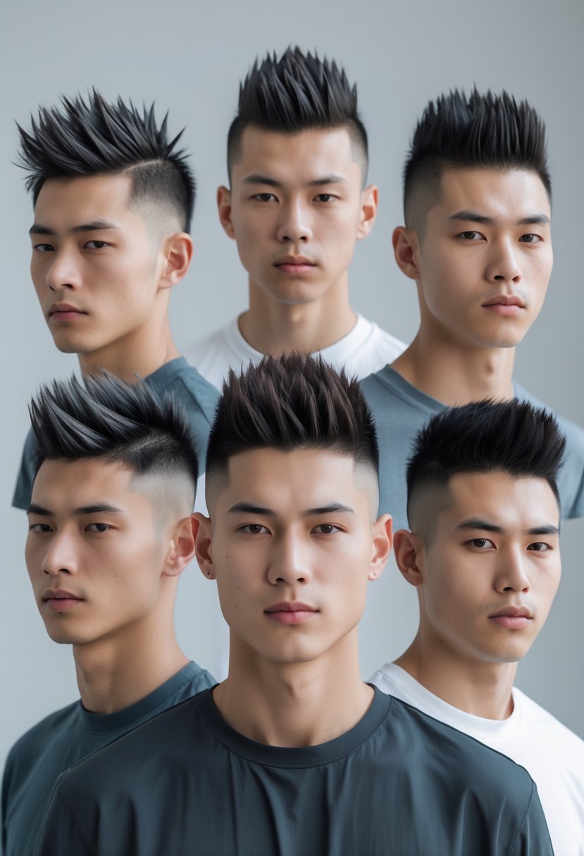 Five men with short spiky haircuts standing together in a studio with a neutral background.