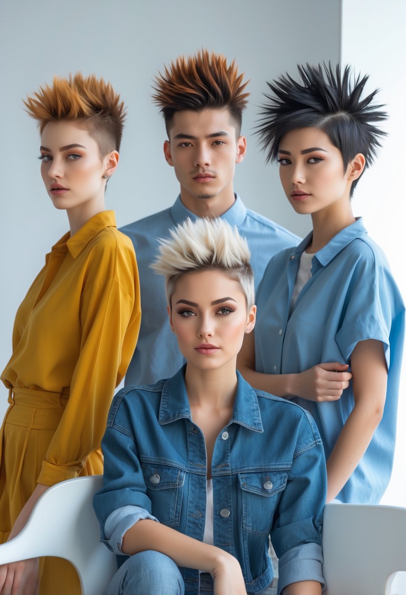 Five people with short spiky haircuts posing together in a bright studio with a neutral background.