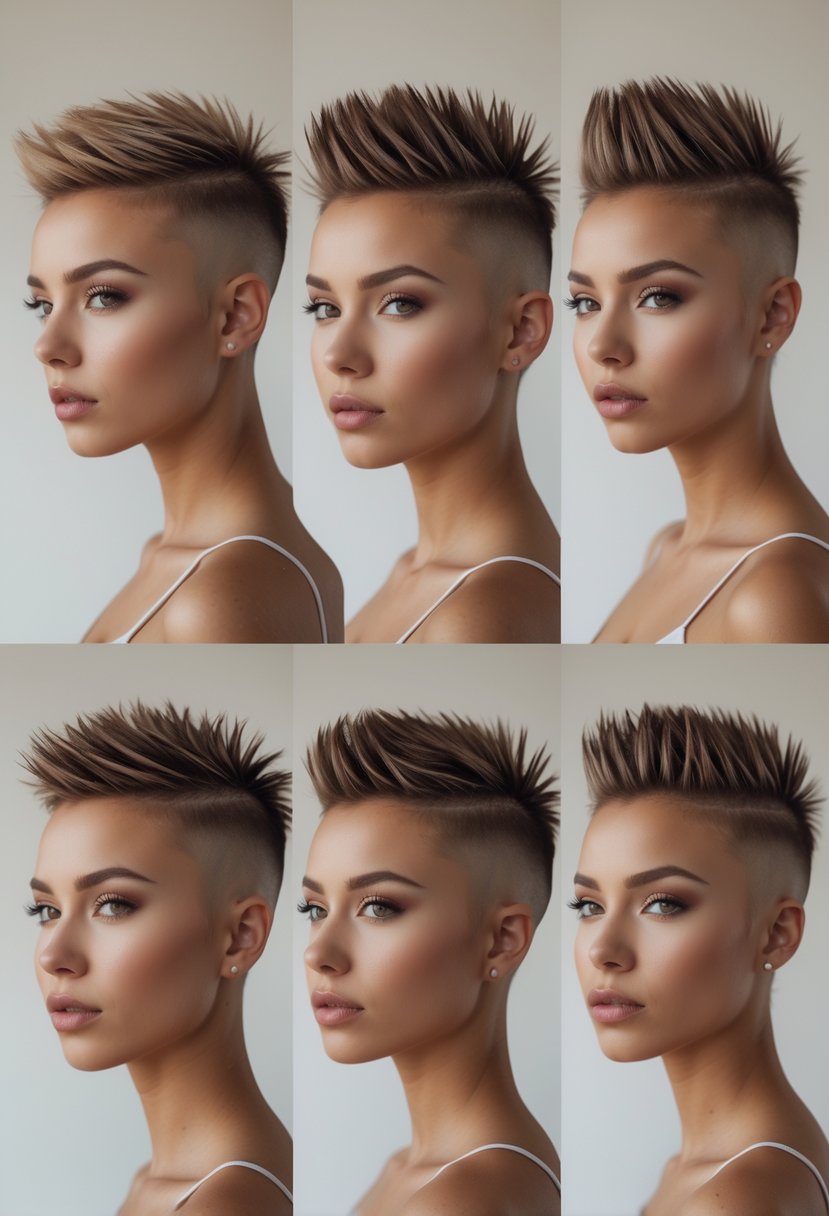 Five people with different face shapes standing side by side, each wearing a short spiky haircut against a plain background.