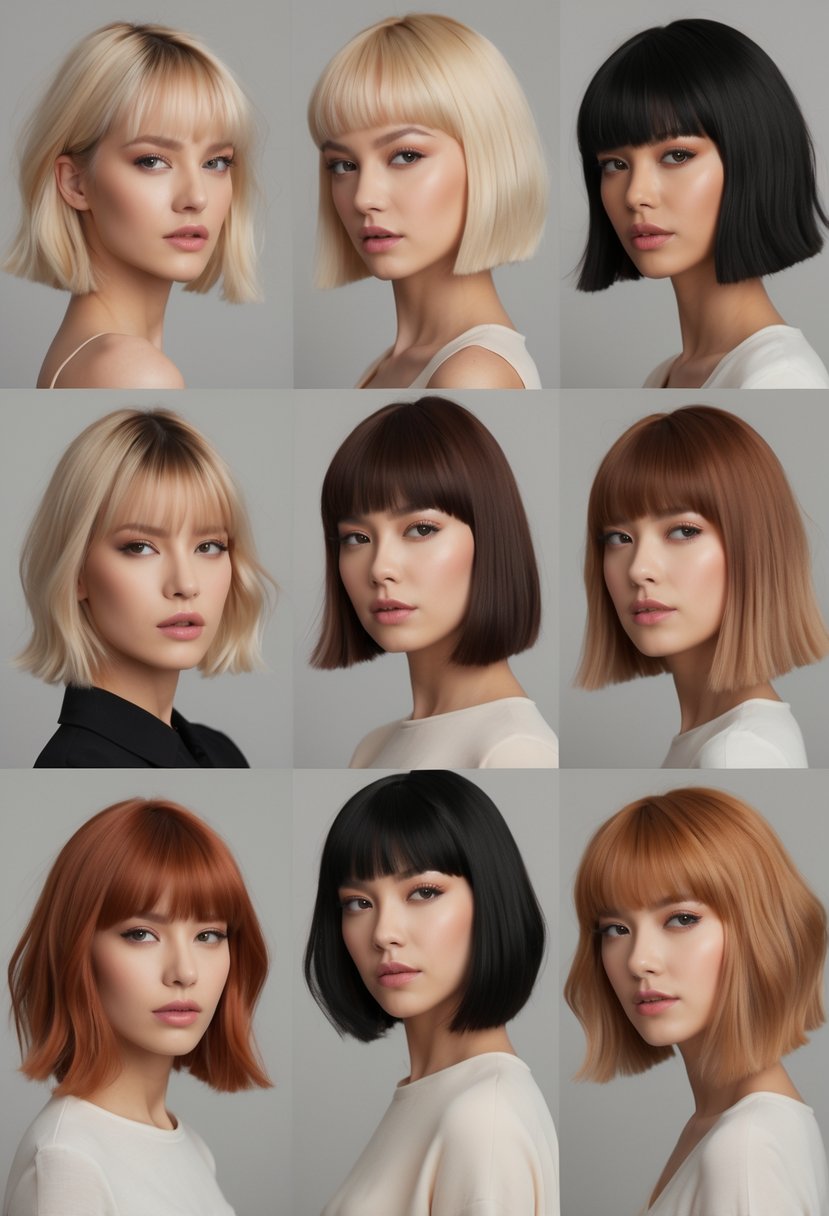 Eight women with different short bob haircuts posing together in a studio setting.