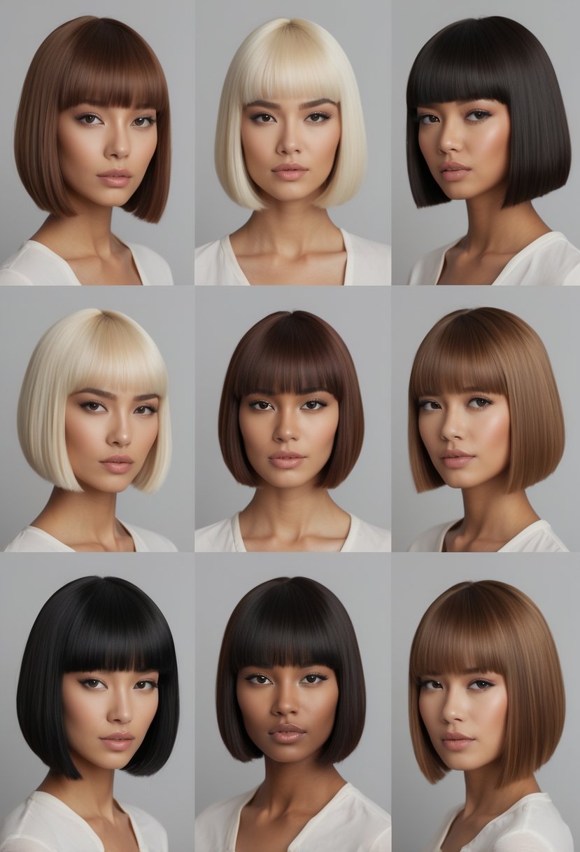 Eight women with short bob haircuts posing in a studio with a neutral background.