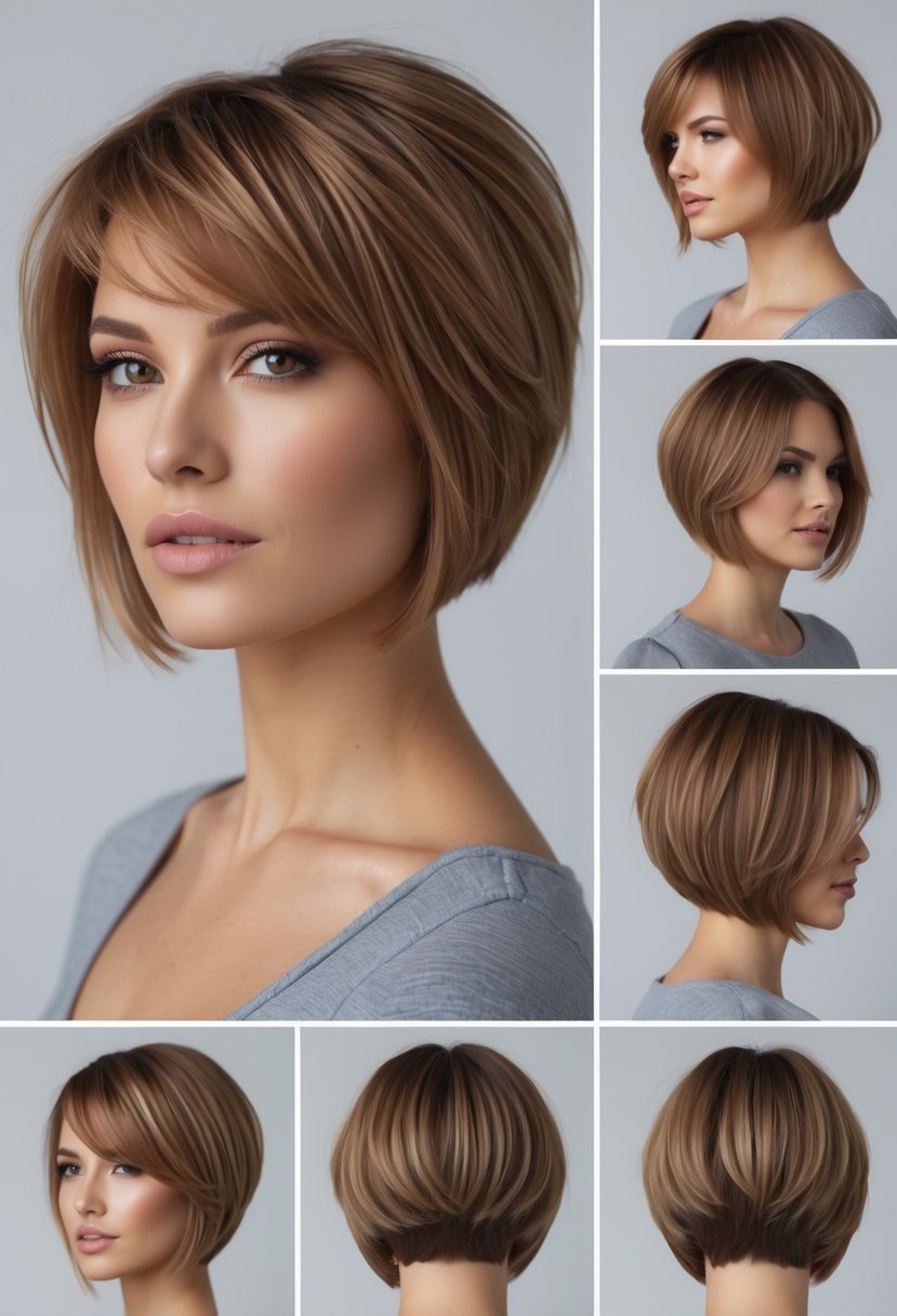 A woman with a short bob haircut shown from multiple angles against a plain background.