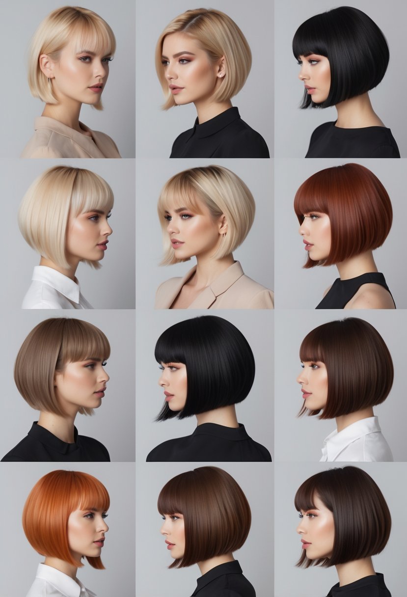 Eight women with short angled bob haircuts posing together in a studio with a plain background.