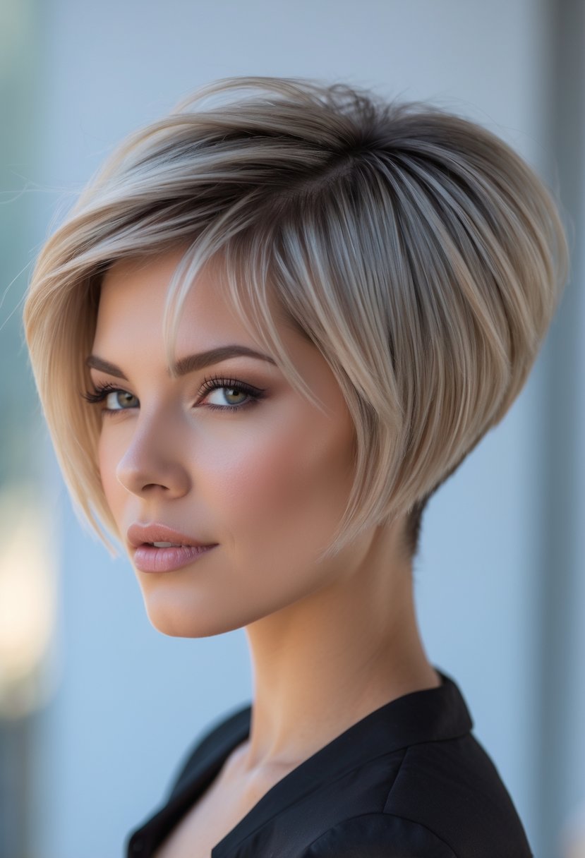 Close-up portrait of a person with a short layered bob haircut, looking confidently at the camera against a blurred background.