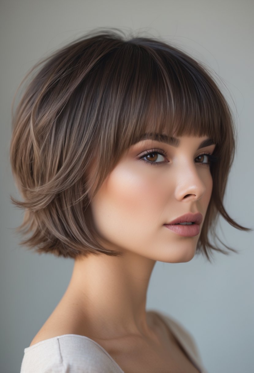 Close-up portrait of a woman with a short bob haircut and textured, feathered edges.