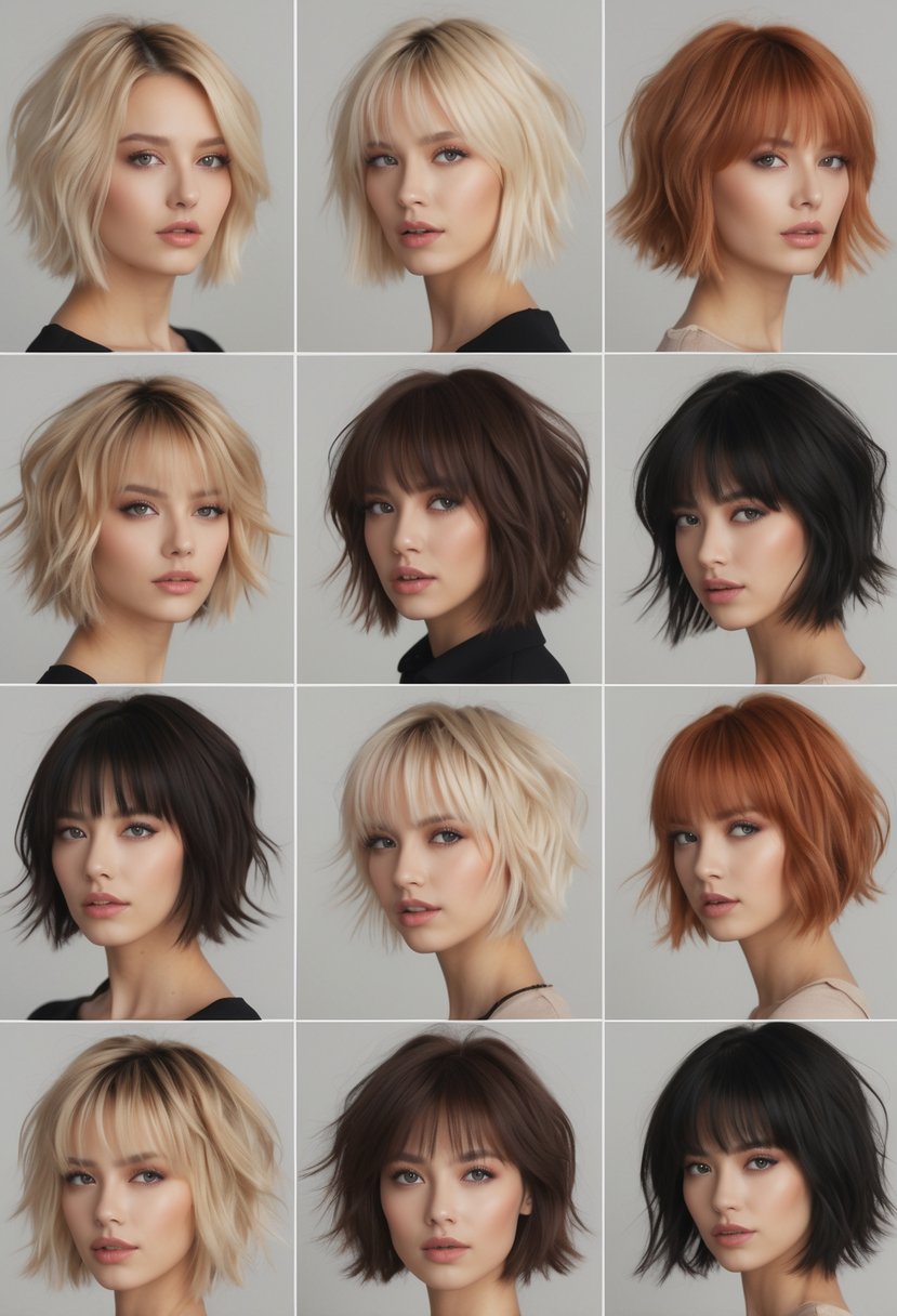 Eight women with short bob haircuts featuring choppy, shaggy layers, shown from various angles against a plain background.