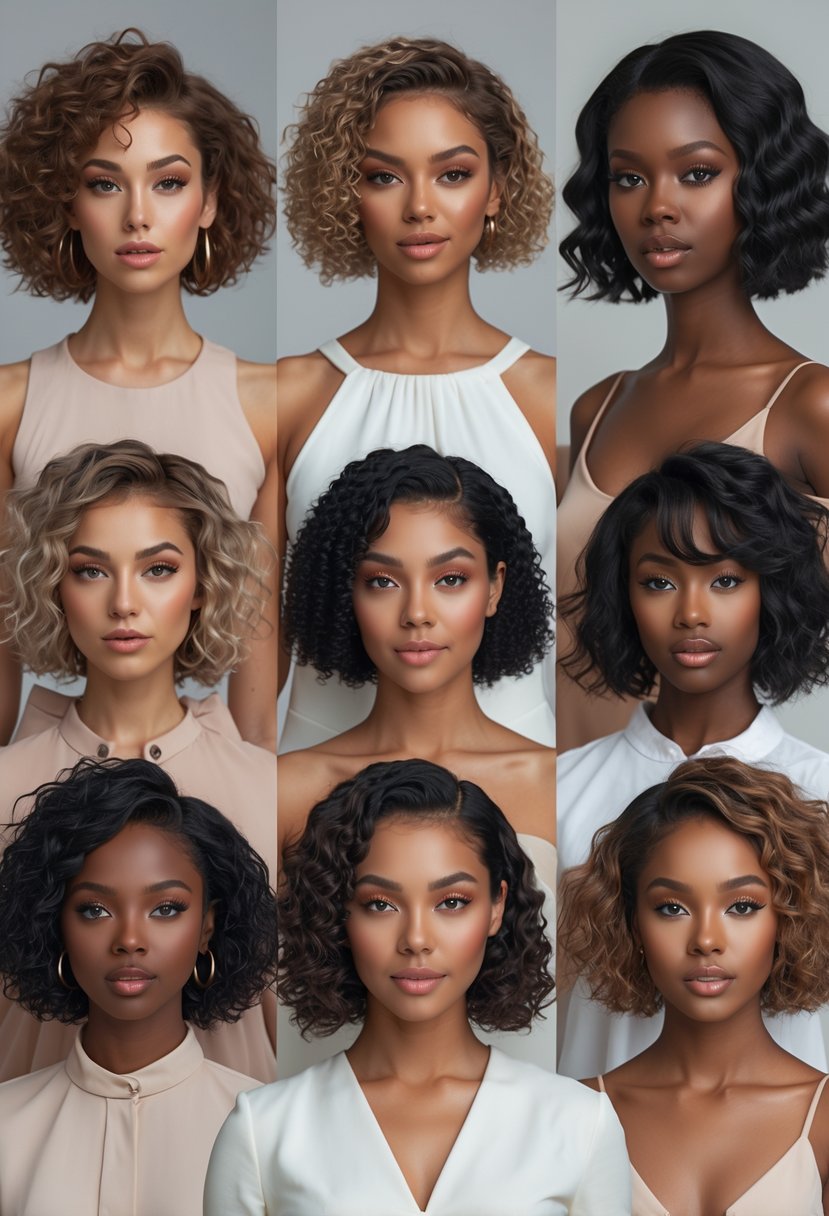 Eight women with different curly short bob haircuts posing together in a studio with a neutral background.