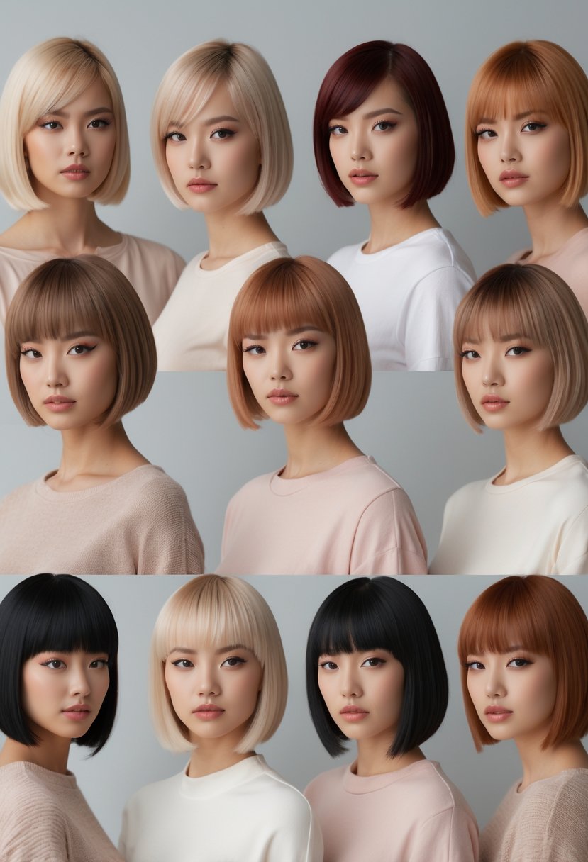 Eight women with short bob haircuts and side-swept bangs posing together in a studio.