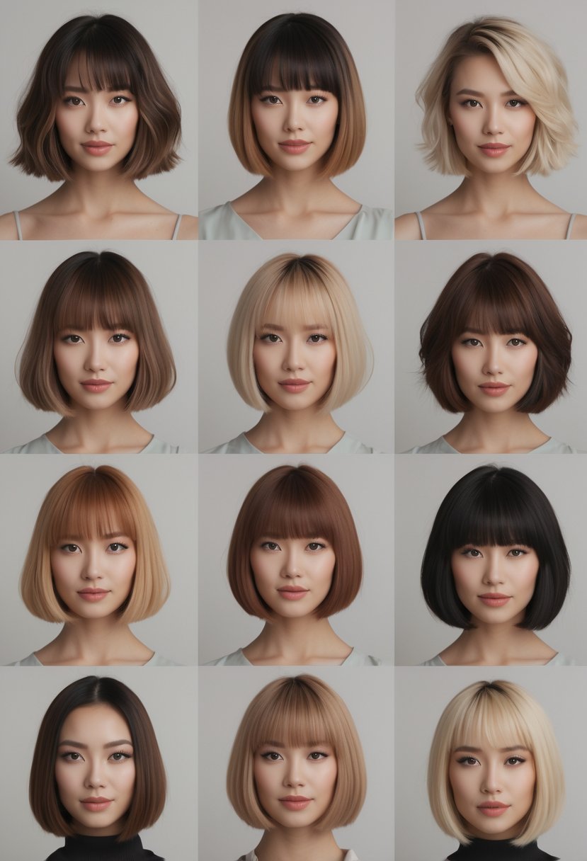 Eight women with different short bob haircuts, each with a unique face shape, standing together in a studio setting.