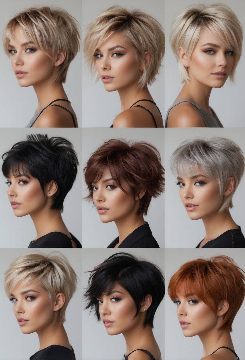 Six women with different short shag haircuts posing against a plain background.