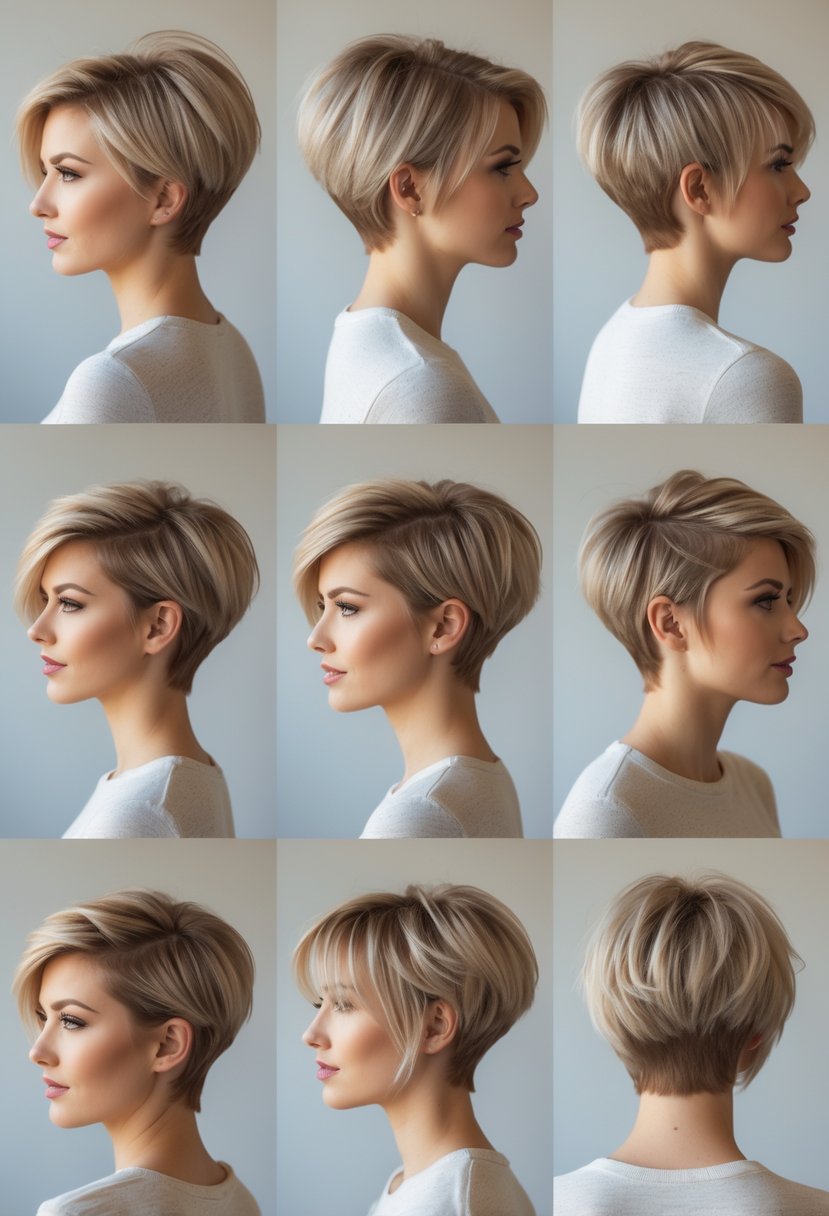 Six models displaying different short layered pixie haircuts in a studio with neutral background.