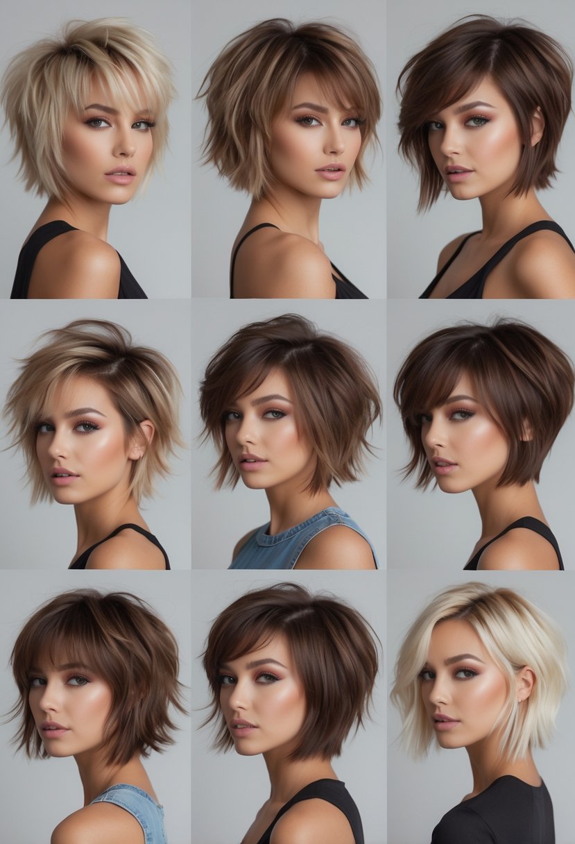 Six women with different short layered bob haircuts standing in a studio with a neutral background.