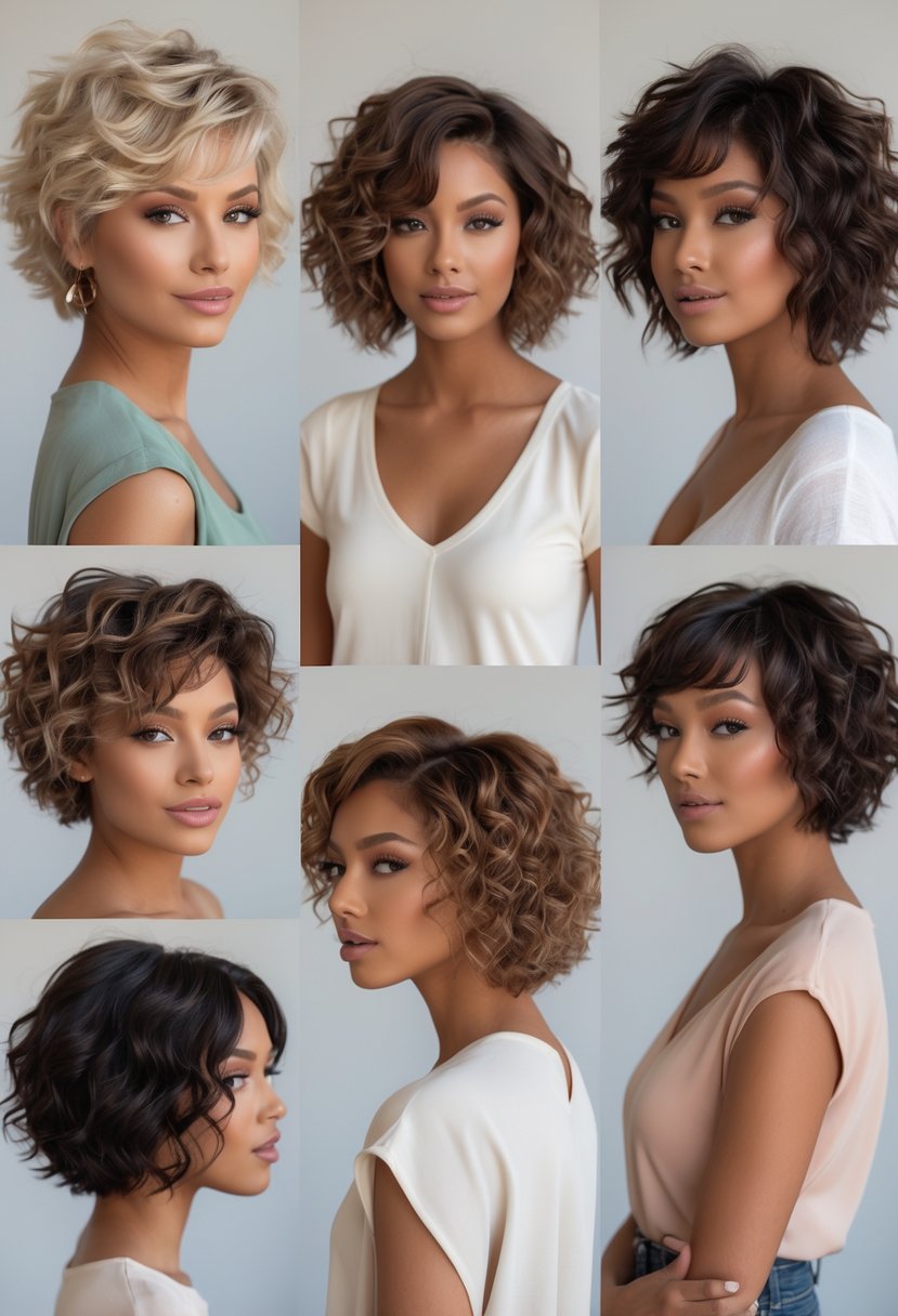 Six women with short curly layered hair standing together in a studio setting.