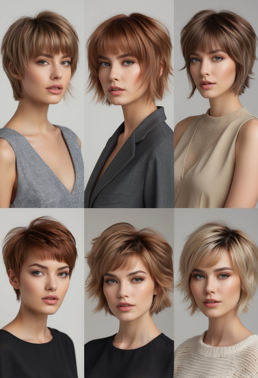 Six models displaying different short layered haircuts with angled fringes against a plain background.