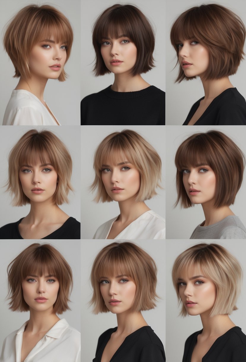 Six women with short layered haircuts posing in a studio with a neutral background.