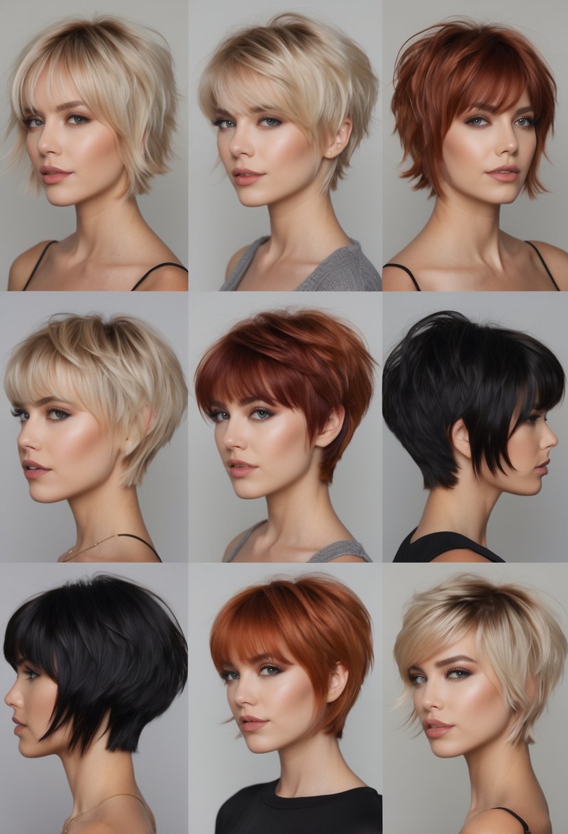 Six women with different short layered haircuts standing against a plain background in a studio setting.