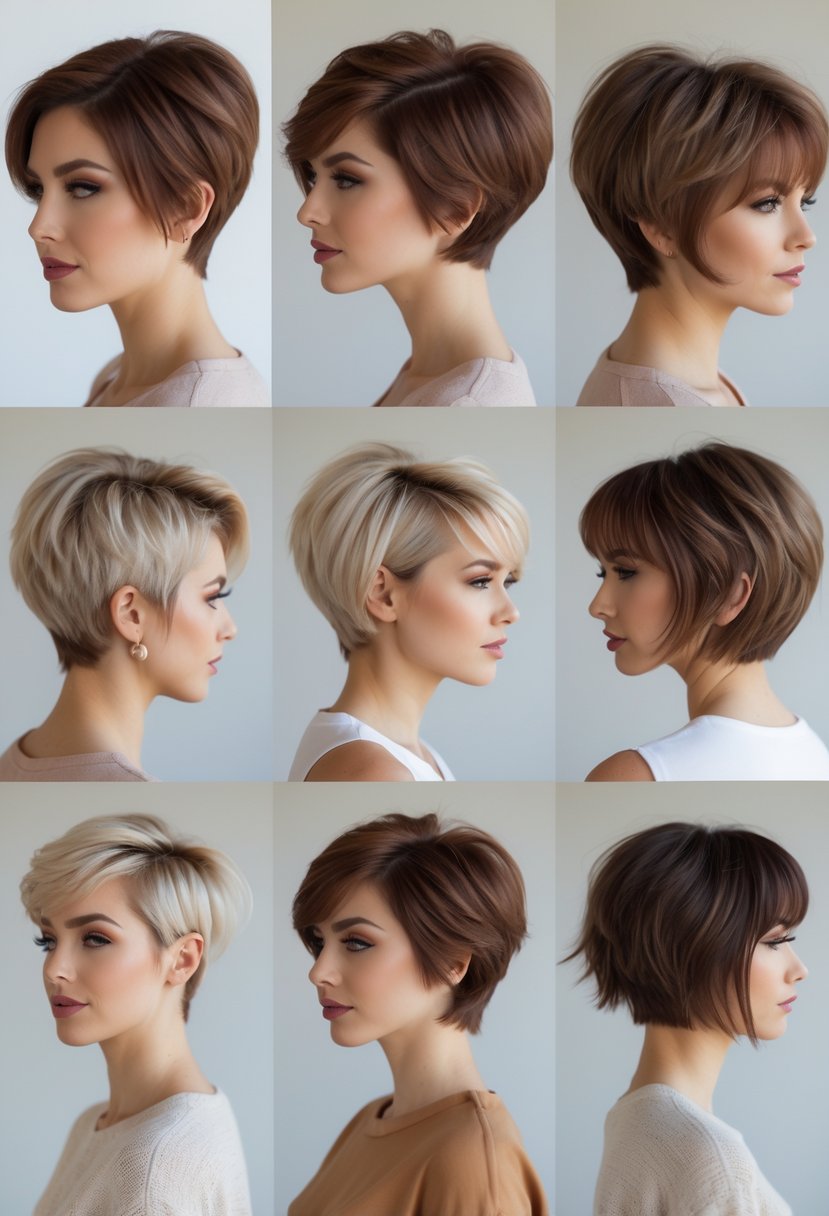 Six women posing in a studio, each with a different short haircut, against a plain background.