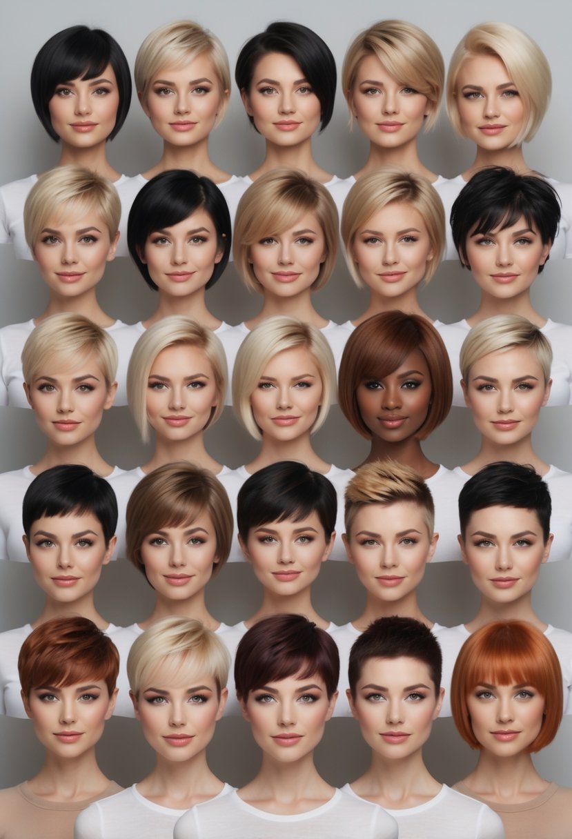 Thirteen women with round faces showing different short haircuts, standing together in a studio setting.