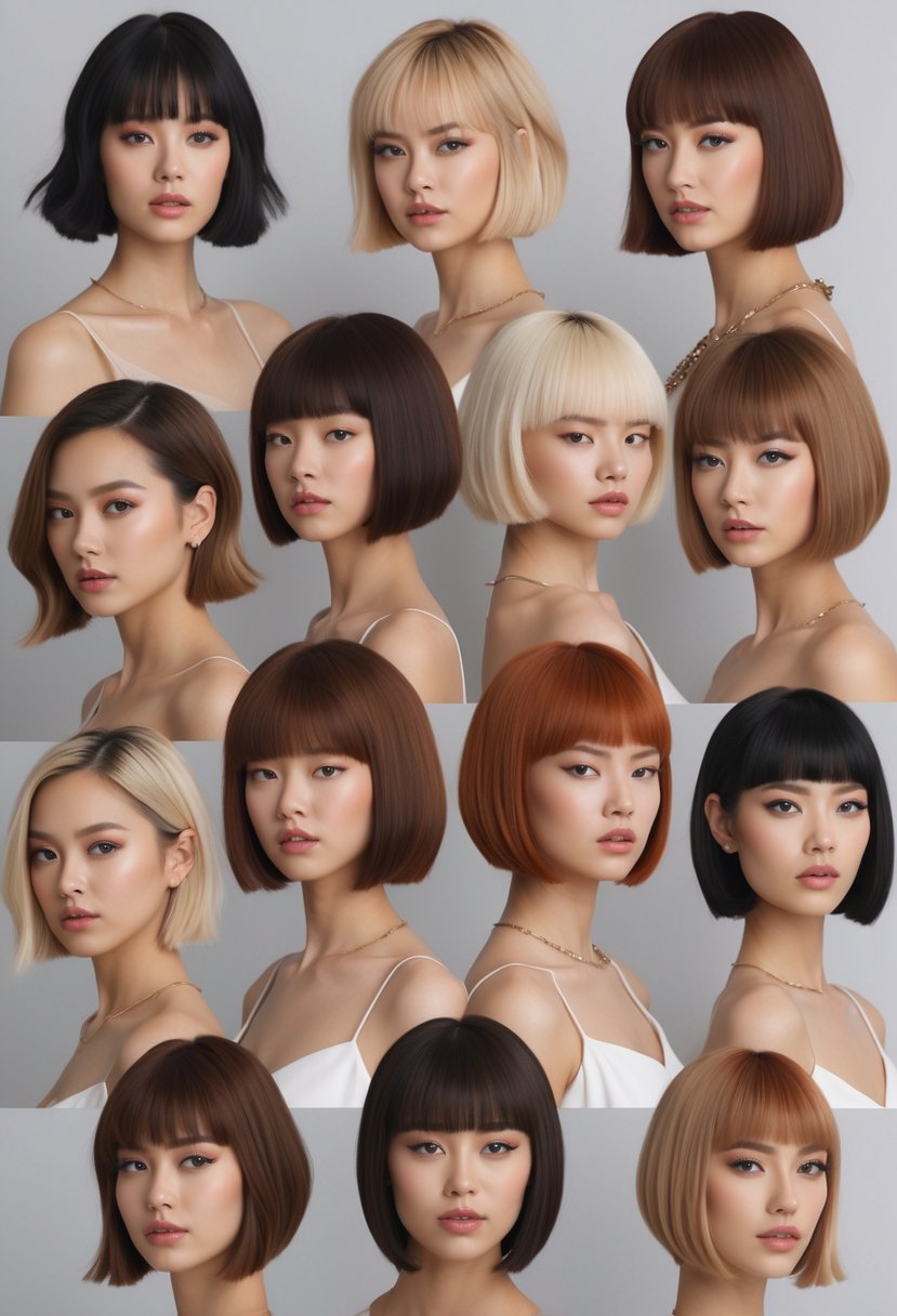 Thirteen women with round faces displaying different asymmetrical bob short hairstyles, posing together in a well-lit studio.