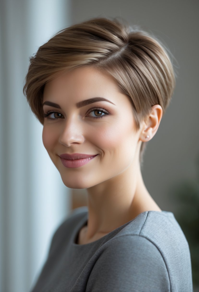 A woman with short hair styled in a voluminous pixie cut, smiling and looking slightly away from the camera against a neutral background.