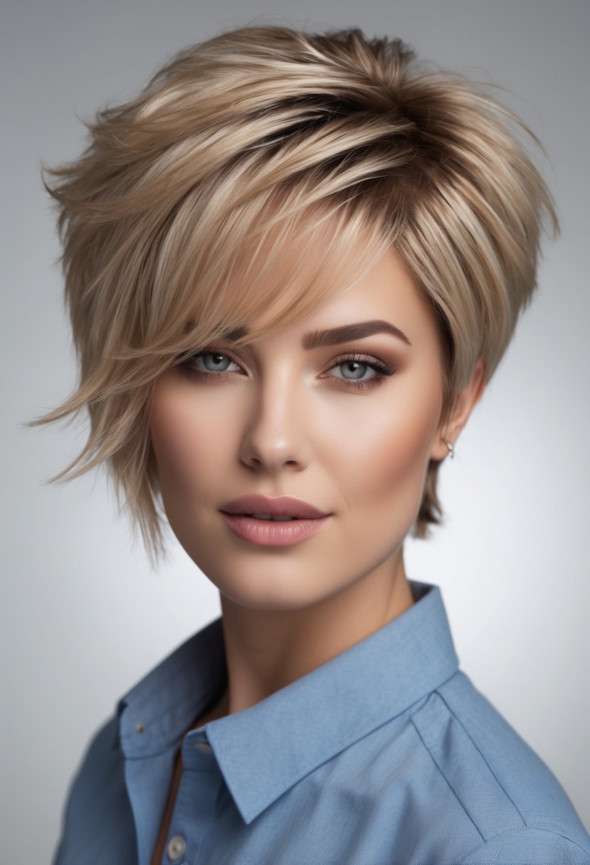 Close-up portrait of a person with short layered hair styled in a mullet, looking confidently at the camera against a neutral background.