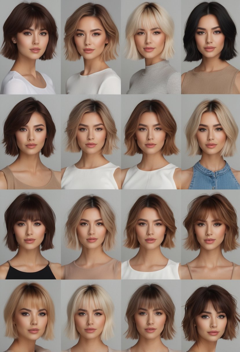 A group of women with round faces displaying various short textured lob haircuts in a studio setting.