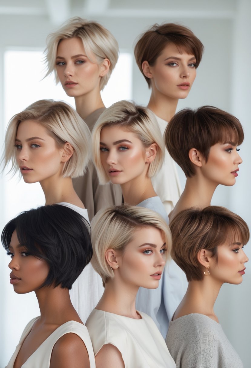 A group of women with different short layered haircuts posing in a bright studio with natural lighting.