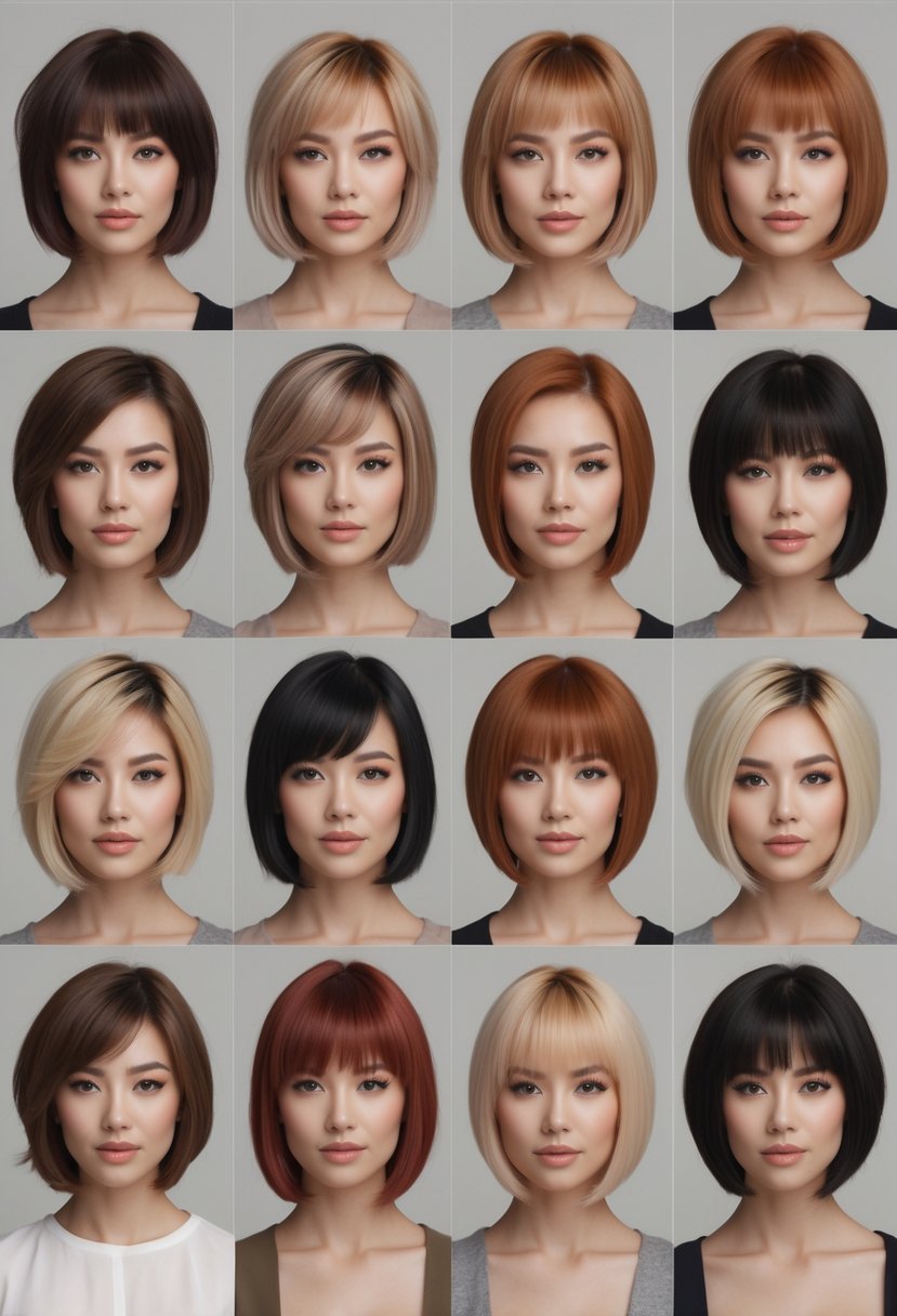 Thirteen women with round faces showing different short layered bob hairstyles in a studio setting.