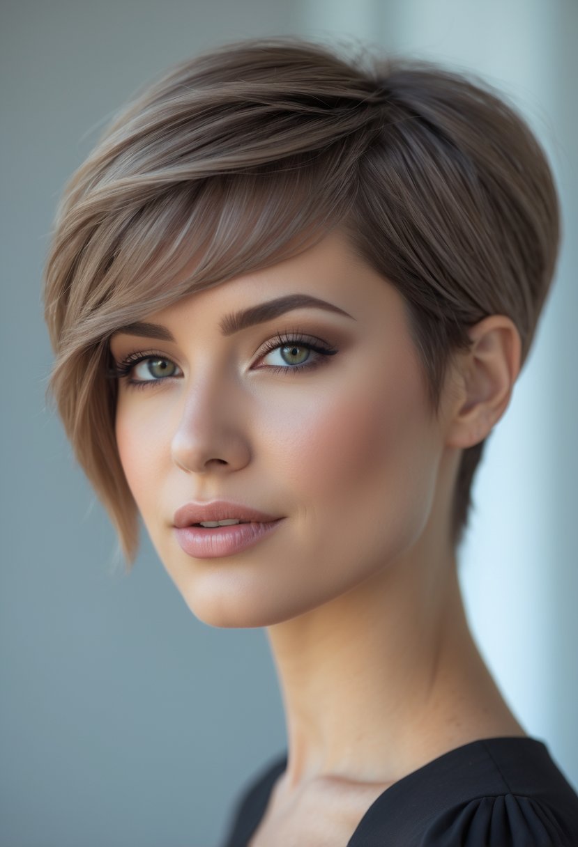 Close-up portrait of a woman with short hair and side-swept bangs, smiling softly against a blurred background.