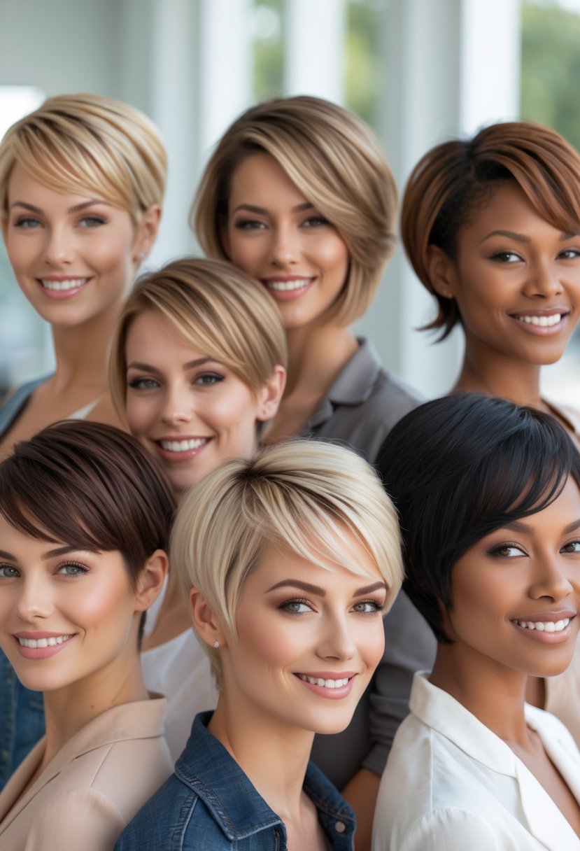 Five women with different short layered haircuts smiling in a bright hair salon.