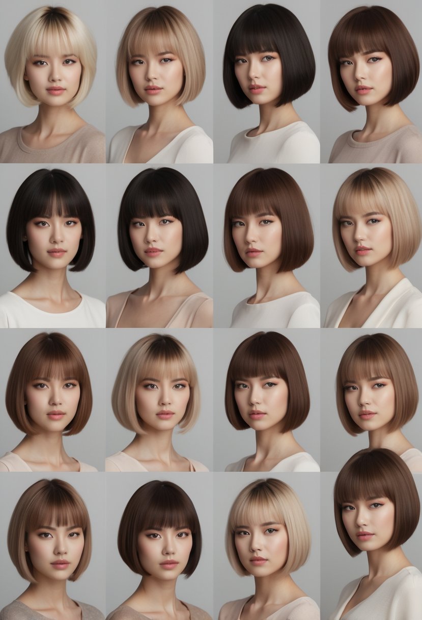 Thirteen women with round faces showing different short stacked bob haircuts, standing together in a studio with a neutral background.