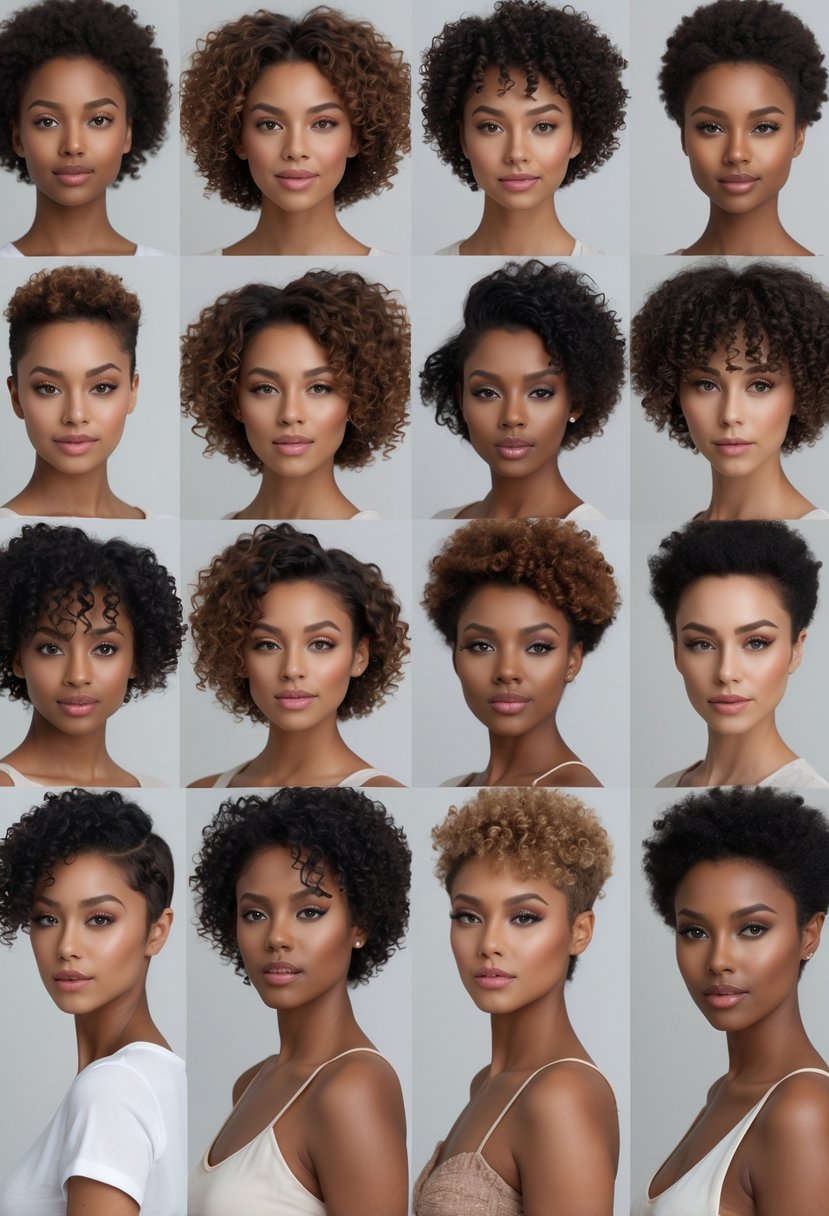 Thirteen women with round faces showing different curly short crop hairstyles in a studio setting.