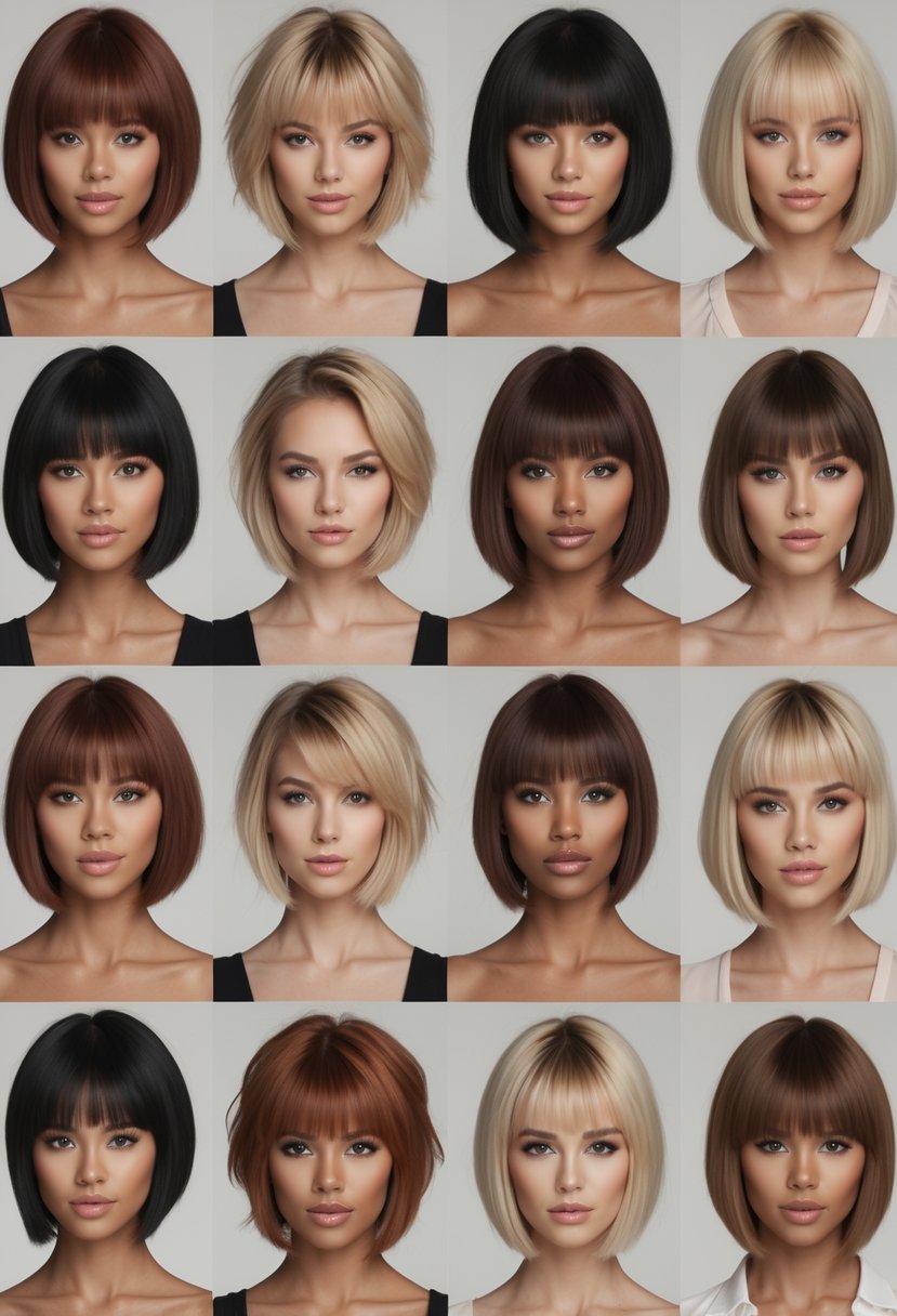 Thirteen women with round faces displaying different short feathered bob hairstyles, posing together in a studio setting.