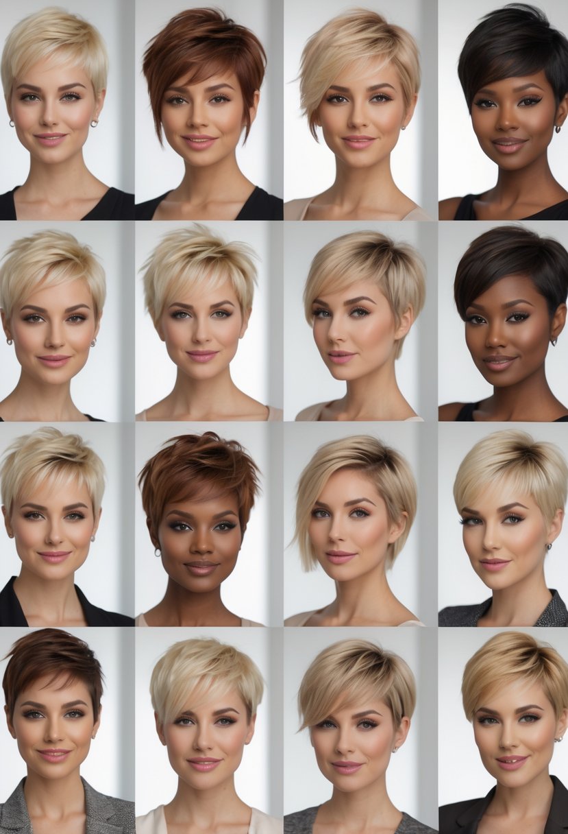 A group of women with short choppy layered pixie haircuts posing in a bright studio.