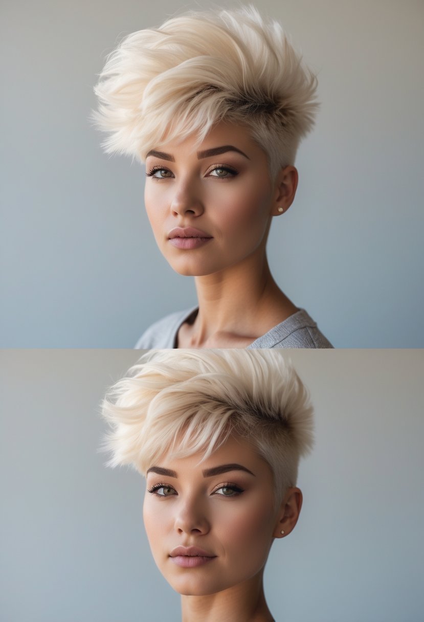 Person with short hair featuring a voluminous top and tapered sides, facing forward against a plain background.