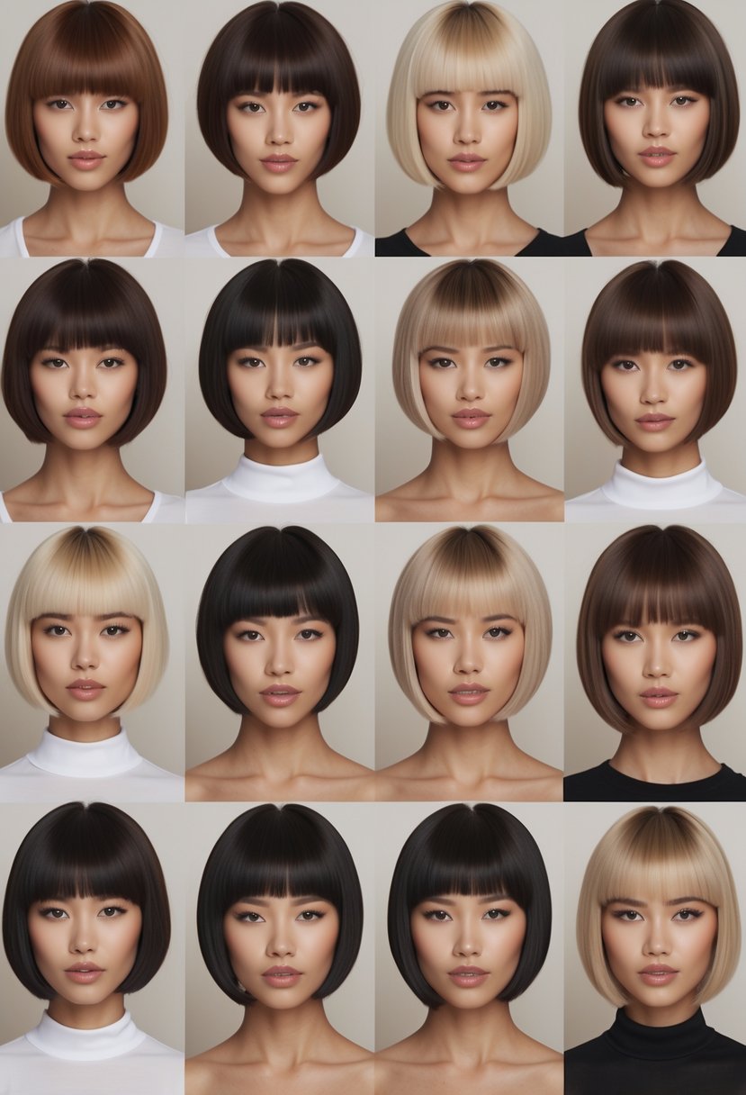 Thirteen women with round faces displaying different short bob haircuts with vertical line details, standing together in a studio setting.