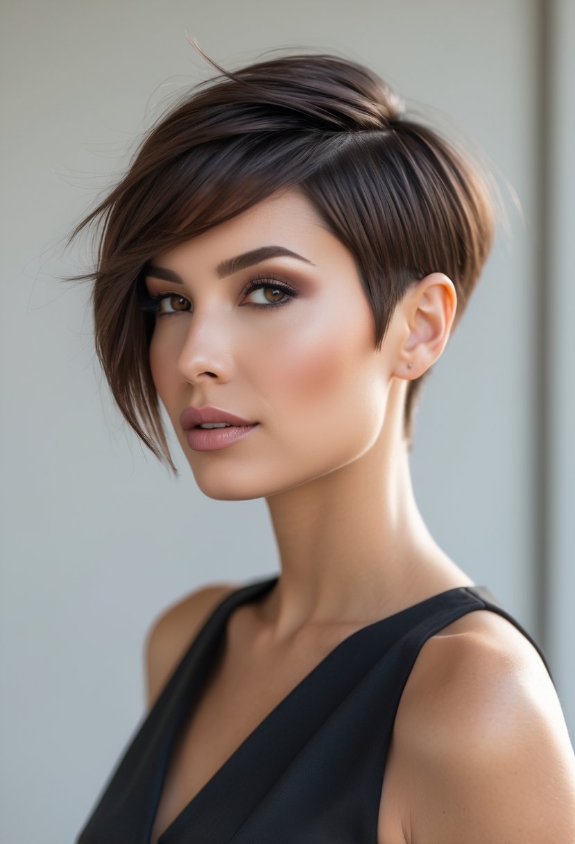 A woman with a round face and an asymmetric pixie haircut with longer hair at the front, posing against a neutral background.
